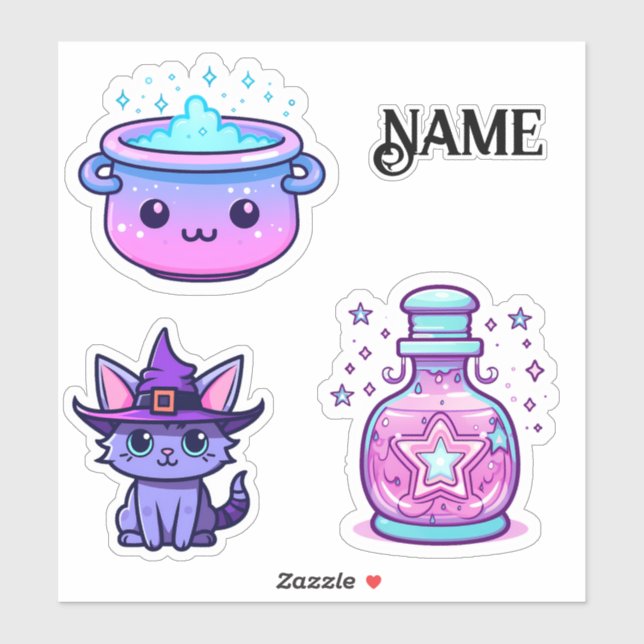 Sticker Cute kawaii chaton sorcière chaton (Feuille)