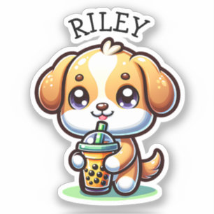Sticker Cute Kawaii Chien chiot avec Thé à bulle Personnal