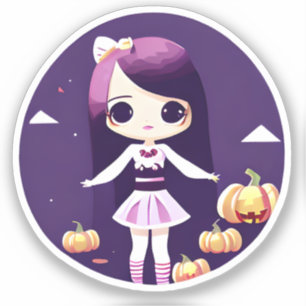Sticker Cute Kawaii fille avec Halloween Citrouille