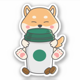 Sticker Cute kawaii shiba inu embrasser un café chaud