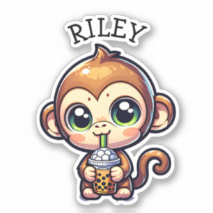 Sticker Cute Kawaii Singe avec thé bulle Personnalisé