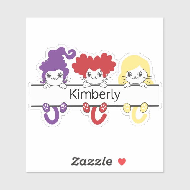Sticker Cute Kawaii Witch Sisters Cats Name Monogram (Feuille)