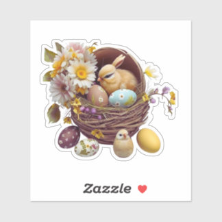 Sticker Cute lapin avec des oeufs en panier Pâques jour st