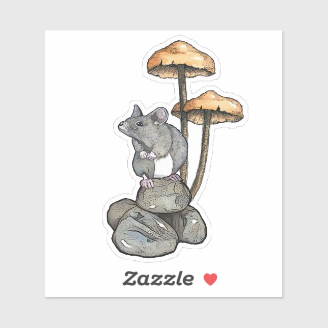 Sticker Cute Mouse Standing on Rocks, with Mushrooms (Feuille)