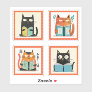 Sticker Cute Nerdy Chats Lecture Livres Whimsical Timbre P