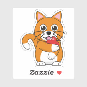 Sticker Cute Orange Blanc Chat Manger Rouge Pomme Carton