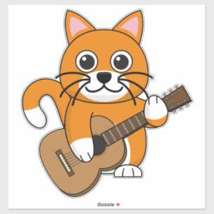 Sticker Cute Orange Chat Blanc Jouer Caricature Guitare