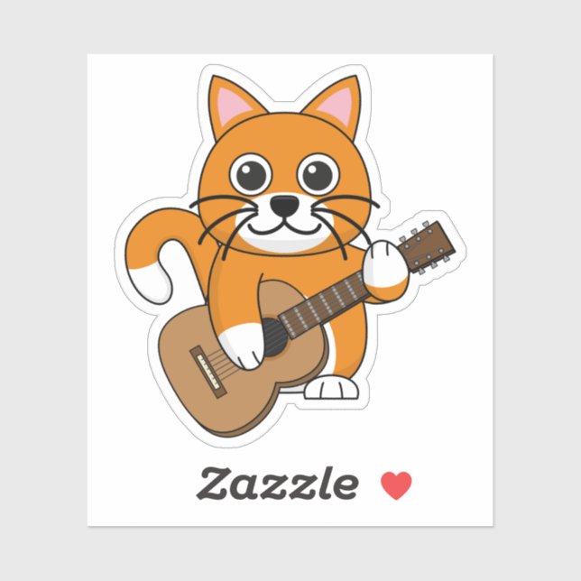 Sticker Cute Orange Chat Blanc Jouer Caricature Guitare (Feuille)