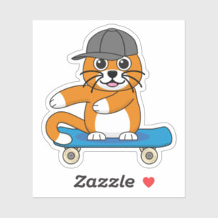 Sticker Cute Orange Chat sur Skateboard Cartoon