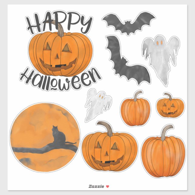 Sticker Cute Orange Noir Halloween chauves-souris Fantômes (Feuille)