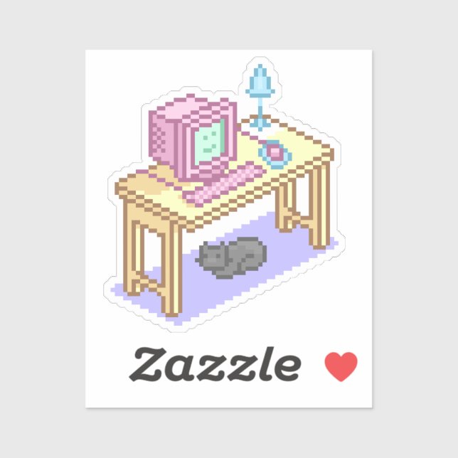 Sticker Cute Pastel Pixel Art Ordinateur Bureau Chat (Feuille)