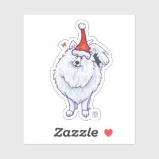 Sticker Cute Poméranienne blanche dans un chapeau de Santa