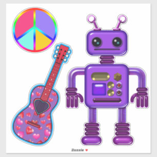 Sticker Cute Purple Robot with Peace Sign and Guitar