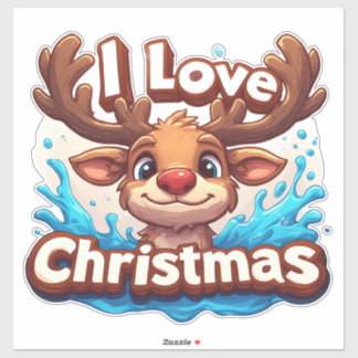 Sticker Cute Reindeer Mascot With 'I Love Christmas' Text