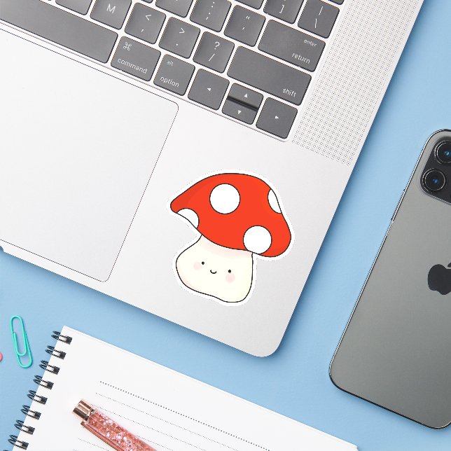 Sticker Cute retro souriant face rouge tacheté champignon (Ordinateur portable avec iPhone)