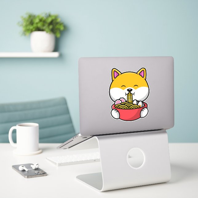 Sticker Cute Shiba Inu Manger Ramen Noodle (Ordinateur portable sur le bureau)