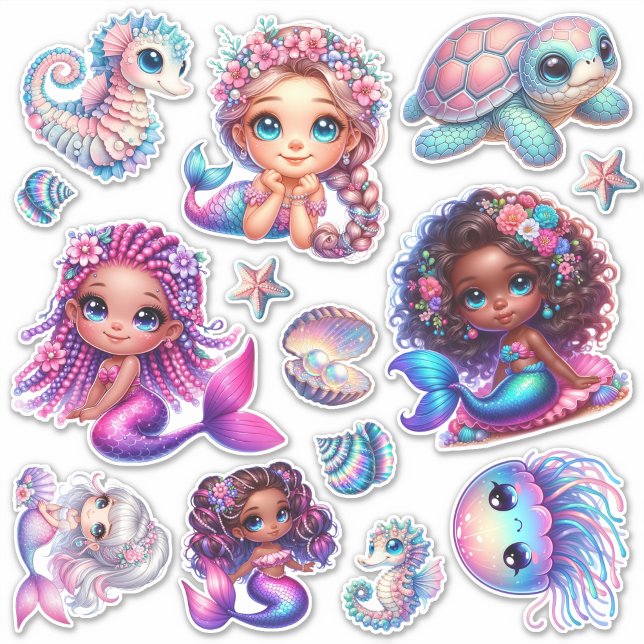 Sticker Cute Sirène & Marine Life Pastel Feuille d'autocol (Créateur téléchargé)