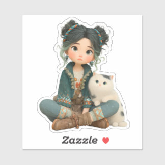 Sticker Cute Sitting Girl with Cat – Cozy Character Sticke