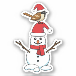 Sticker Cute Sparrow on Snowman