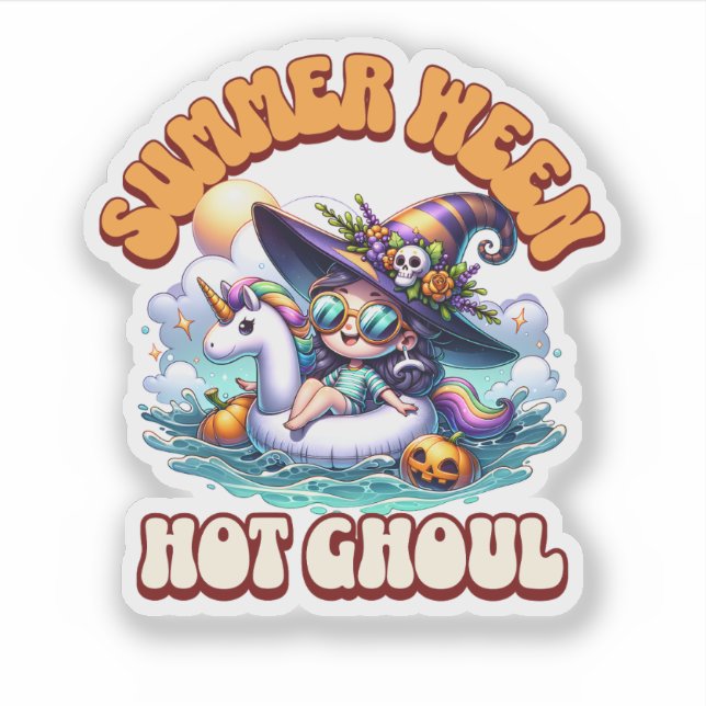 Sticker Cute Summerween Witch Unicorn Pool Float Halloween (Devant)