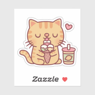 Sticker Cute Tabby Chat Aime Manger De La Crème De Glace