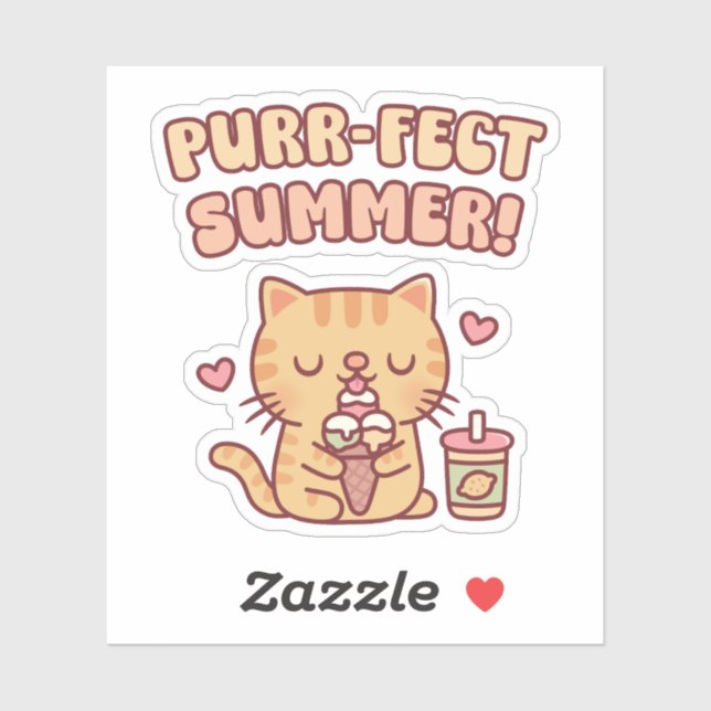 Sticker Cute Tabby Chat Aime Manger De La Crème De Glace (Feuille)
