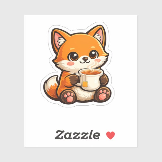 Sticker Cute Tea Fox Illustration – Cozy Fox Drinking Tea (Feuille)