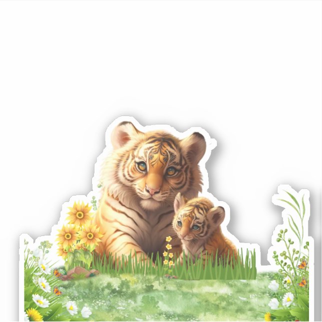 Sticker Cute Tiger Maman & Bébé Floral Aquarelle Coupe per (Devant)