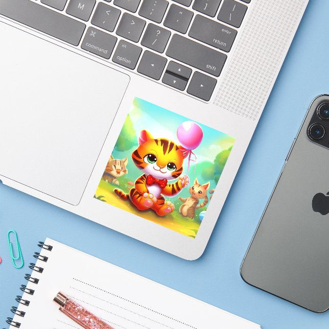 Sticker Cute tiger with a balloon illustration (Ordinateur portable avec iPhone)