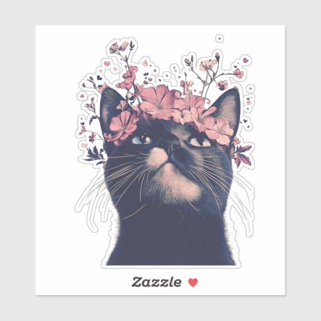 Sticker Cute Tuxedo Chat et Fleurs (Feuille)