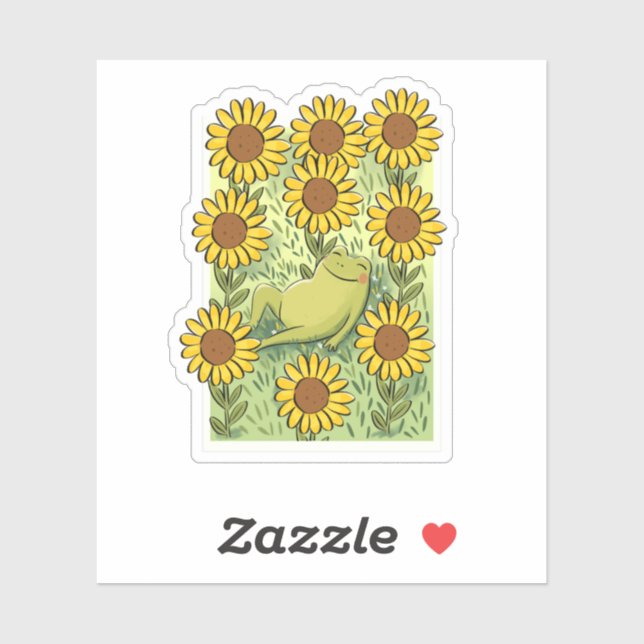 Sticker Cute Whimsical Frog And Sunflowers Illustration (Feuille)