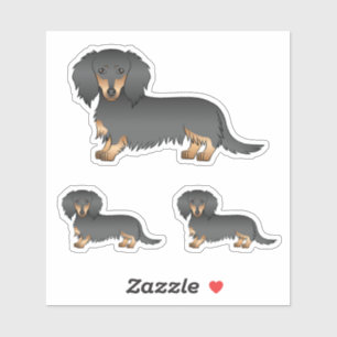 Sticker Dachshund à poil long noir et feu, dessin animé de