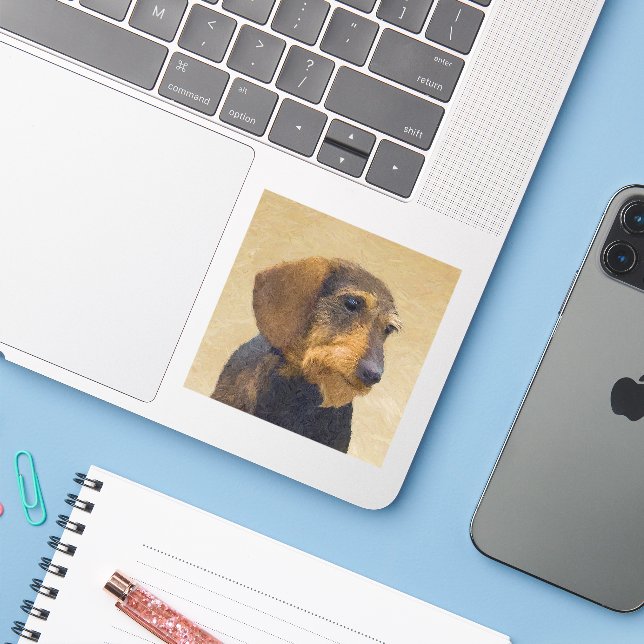 Sticker Dachshund (À poils durs) Peinture Chien Art origin (Ordinateur portable avec iPhone)