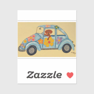 Sticker Dachshund dans une voiture hippie