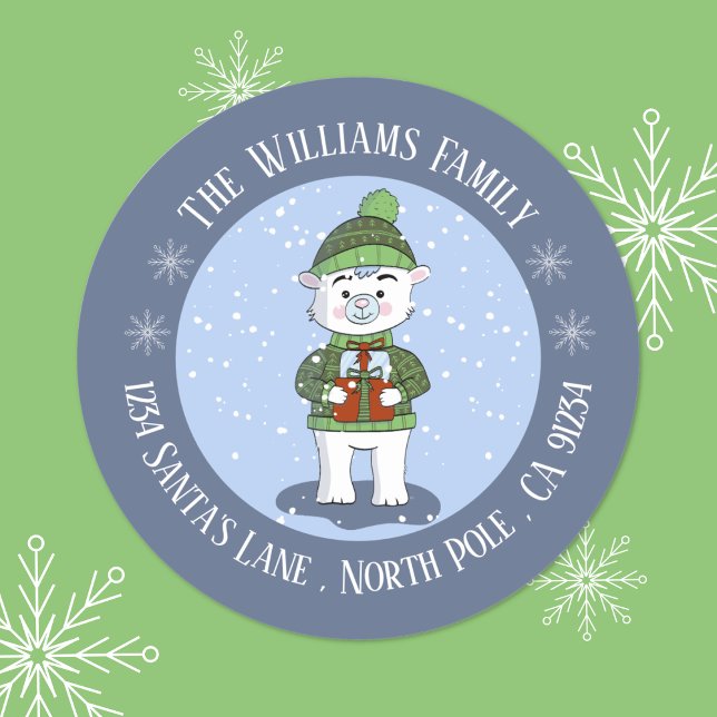 Sticker d'adresse de retour de l'ours bleu polaire (Cute polar bear blue Holiday return address round stickers . )