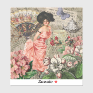 Sticker Dame de café femme victorienne rose riche robe