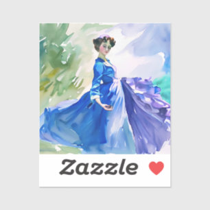 Sticker Dame en Robe Bleue - Peinture aquarelle