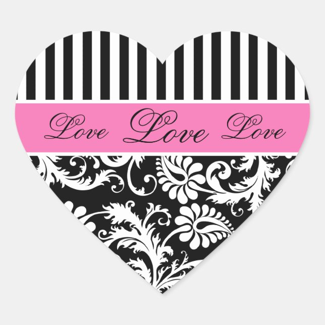 Sticker d'amour noir, blanc, PInk Damask (Devant)