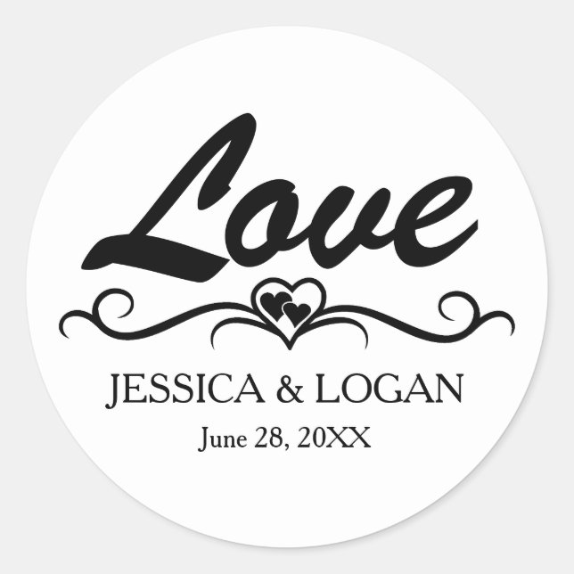 Sticker d'amour rond avec les noms de mariée et de (Devant)
