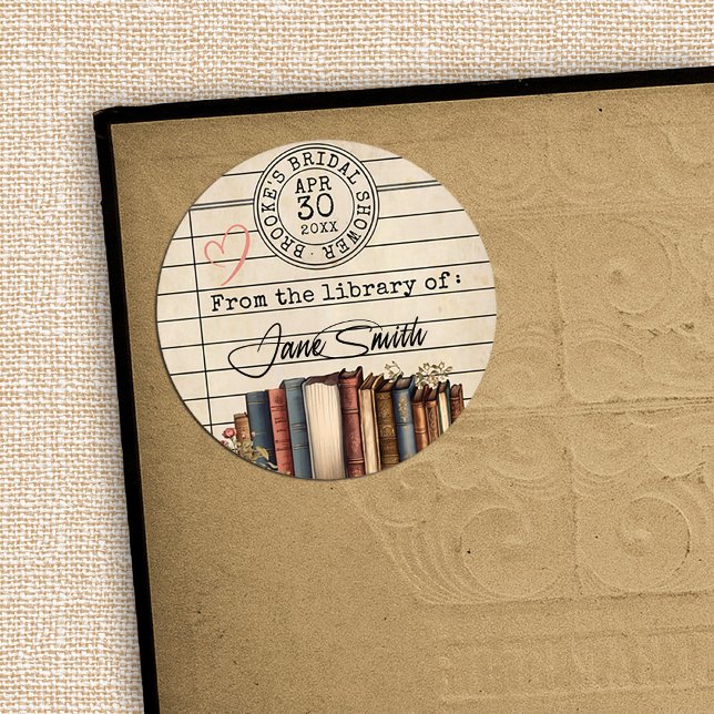 Sticker de couverture de Fête des mariées vintage  (Cute vintage floral books theme wedding bridal shower bookplate sticker label, from the library of)