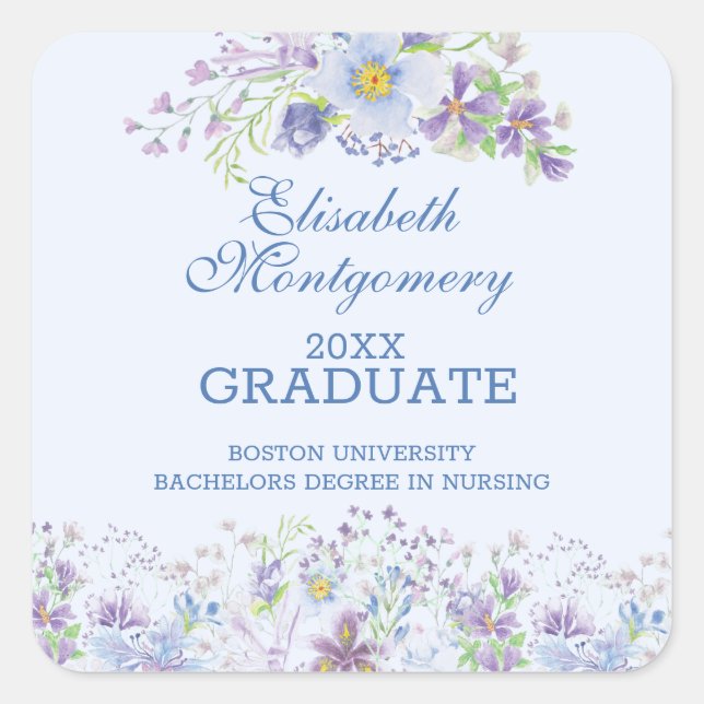 Sticker de graduation florale bleu et lavande (Devant)