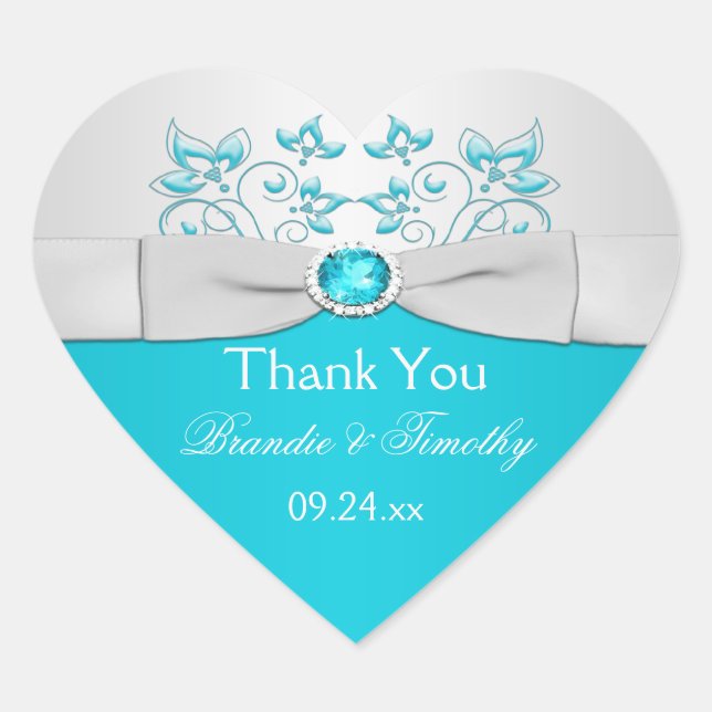Sticker de mariage floral argent et turquoise Favo (Devant)