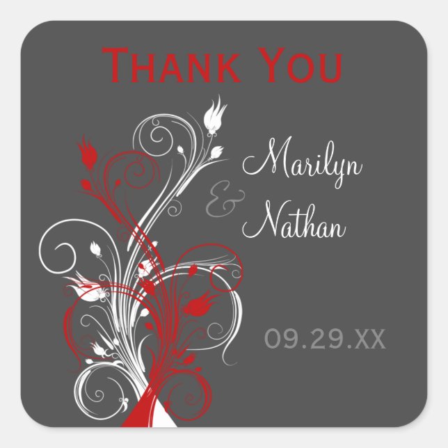 Sticker de mariage floral blanc, rouge, gris (Devant)