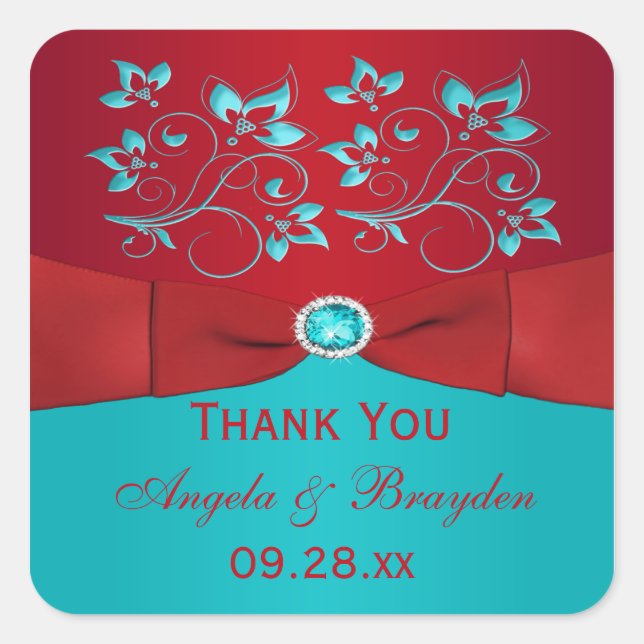 Sticker de mariage floral rouge et turquoise Favor (Devant)