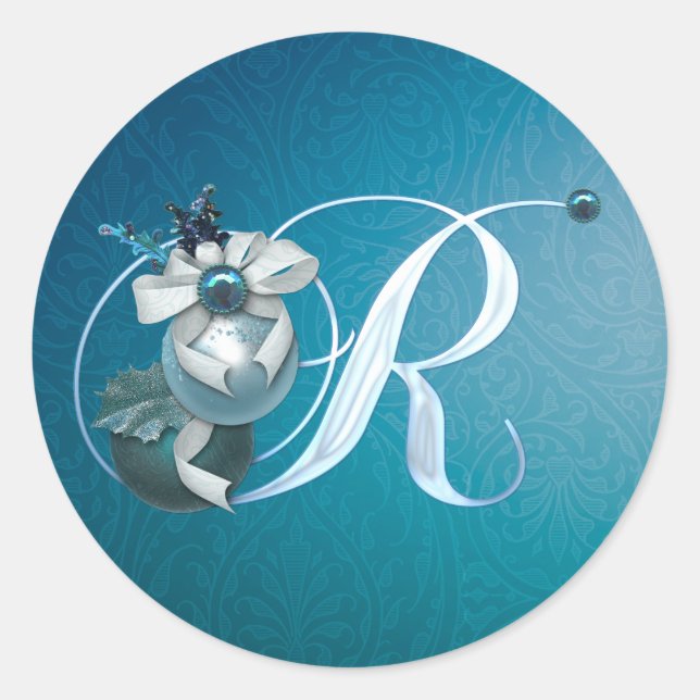 Sticker de Noël Monogramme R Turquoise Ornement (Devant)
