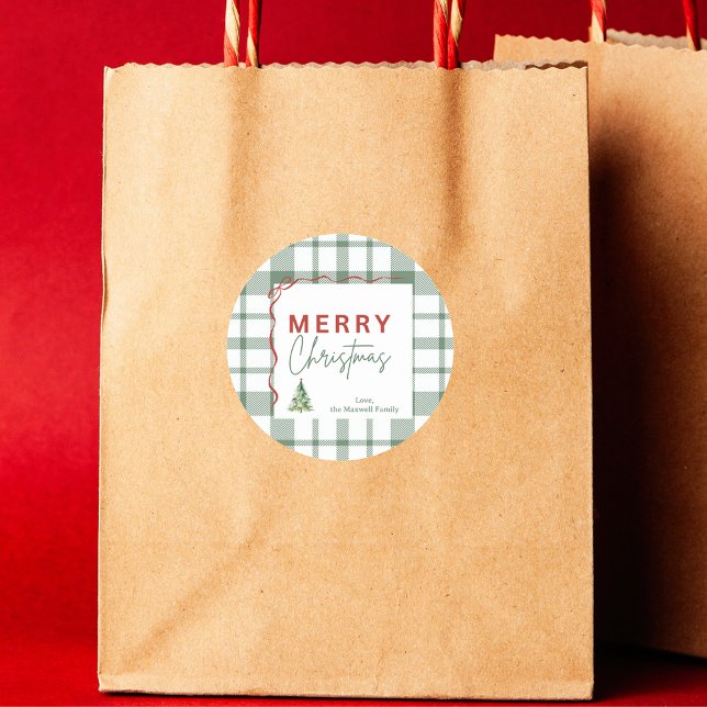 Sticker de Noël rustique vert plaid (Rustic Green Plaid Merry Christmas Sticker
)