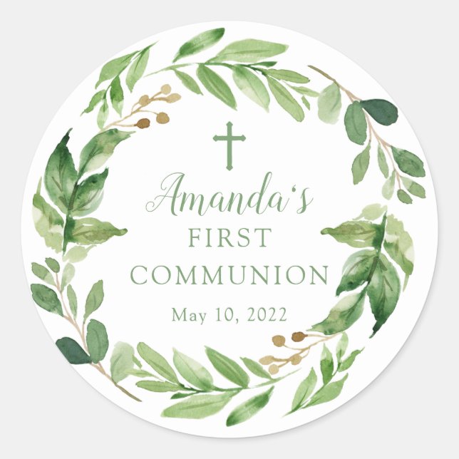 Sticker de première communion à feuilles vertes do (Devant)