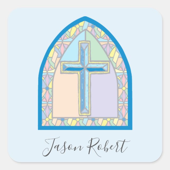 Sticker de première communion en verre teint bleu (Devant)