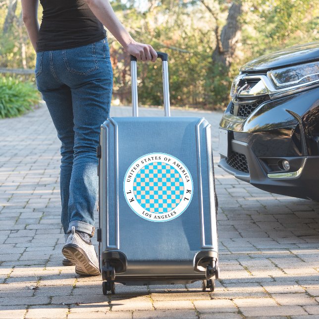 Sticker de vacances en damier bleu clair et beige (Valise Insitu)