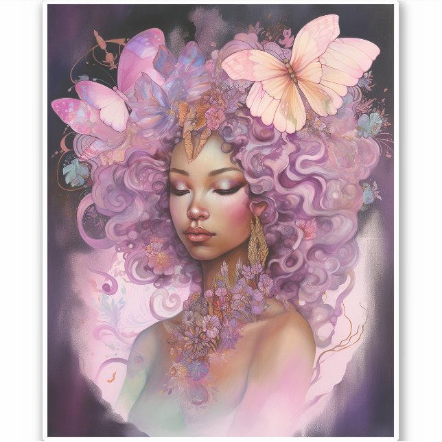 Sticker Déesse noire Art Imaginaire rose violet (Devant)